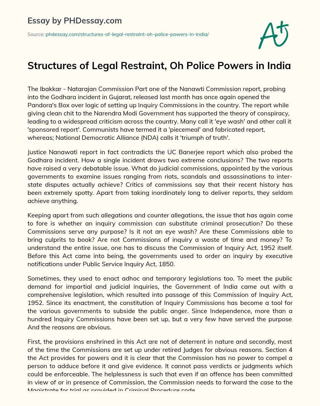 Structures of Legal Restraint, Oh Police Powers in India essay