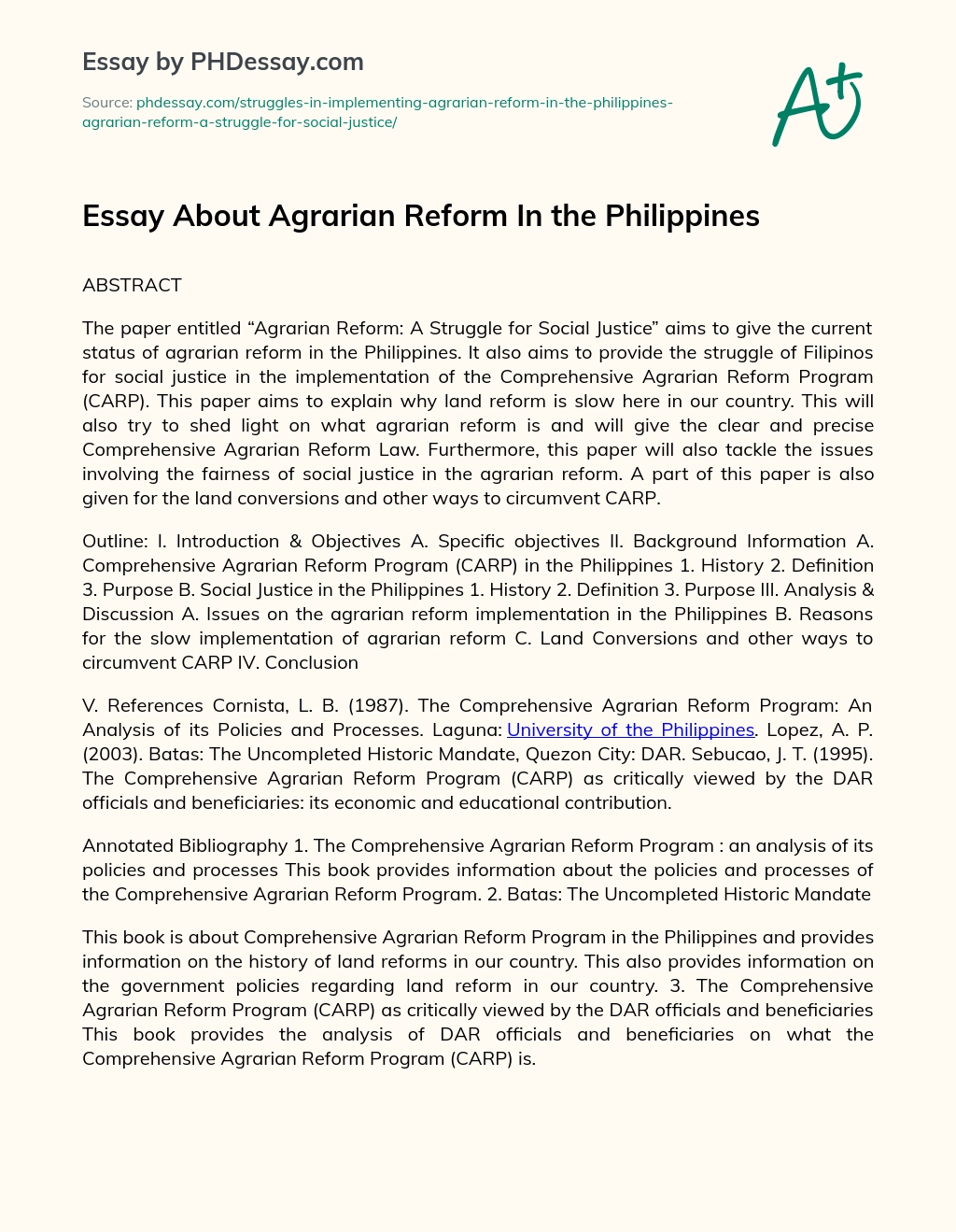 Essay About Agrarian Reform In the Philippines essay