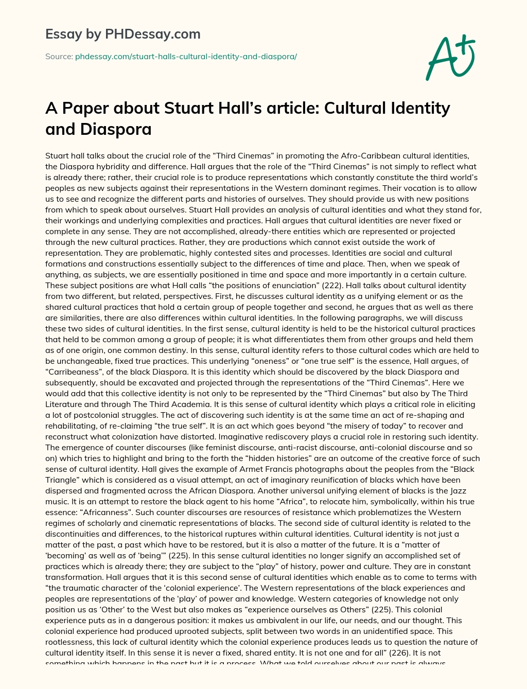 A Paper about Stuart Hall’s article: Cultural Identity and Diaspora essay