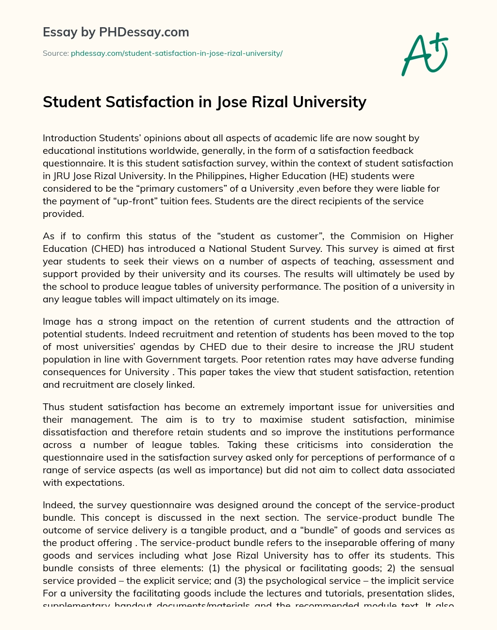 Student Satisfaction in Jose Rizal University essay