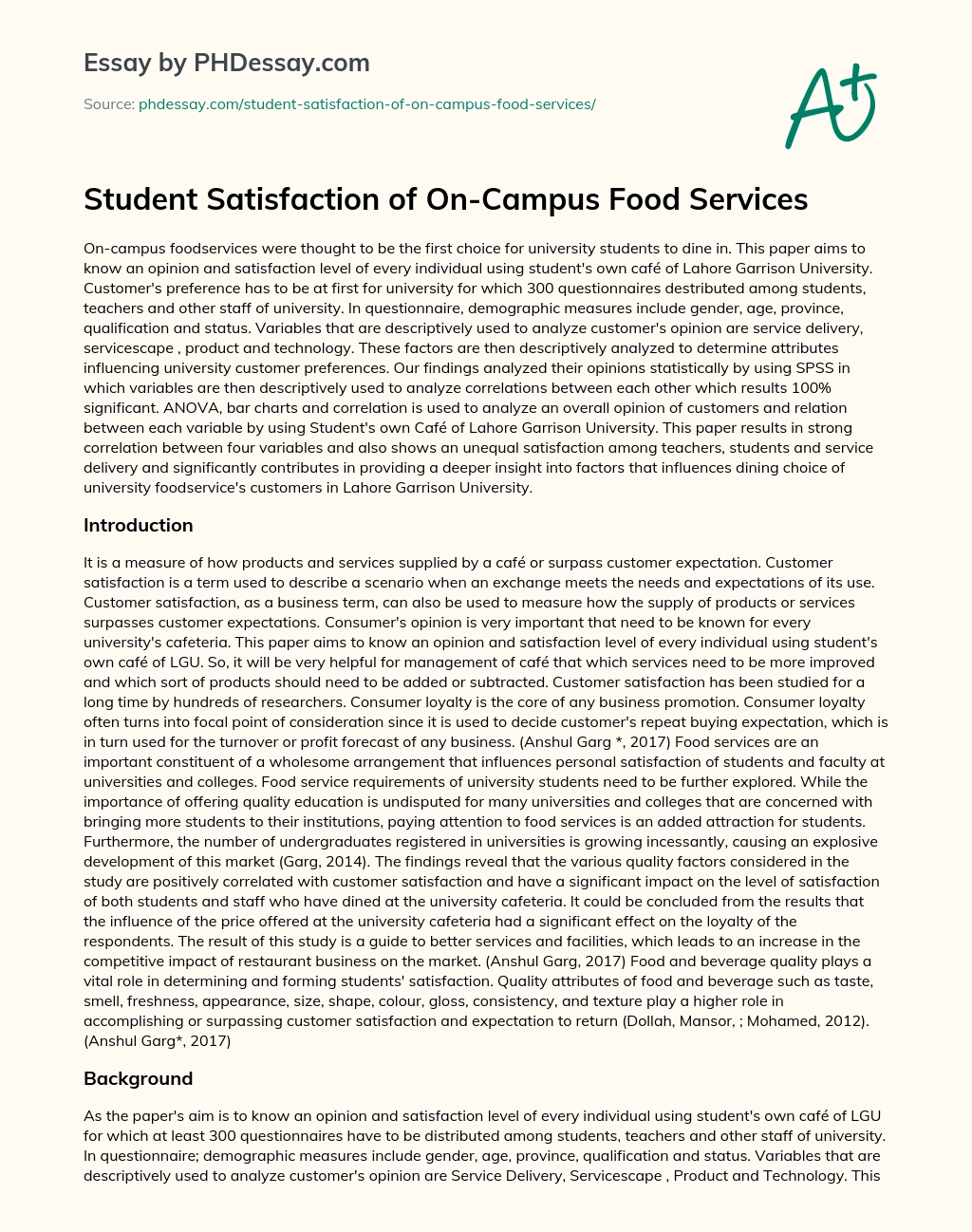 Student Satisfaction of On-Campus Food Services essay