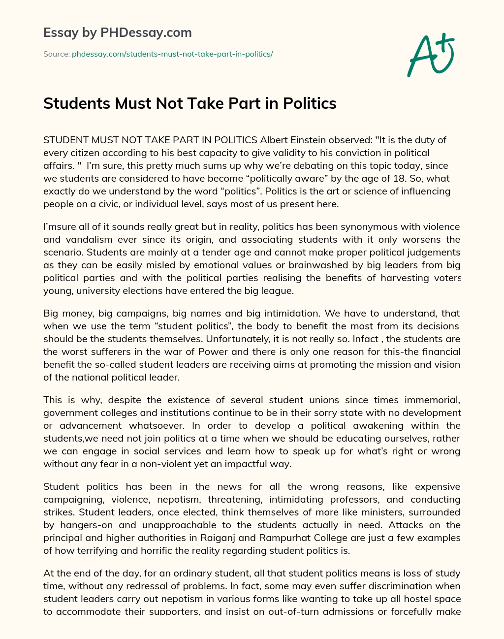 Students Must Not Take Part in Politics essay
