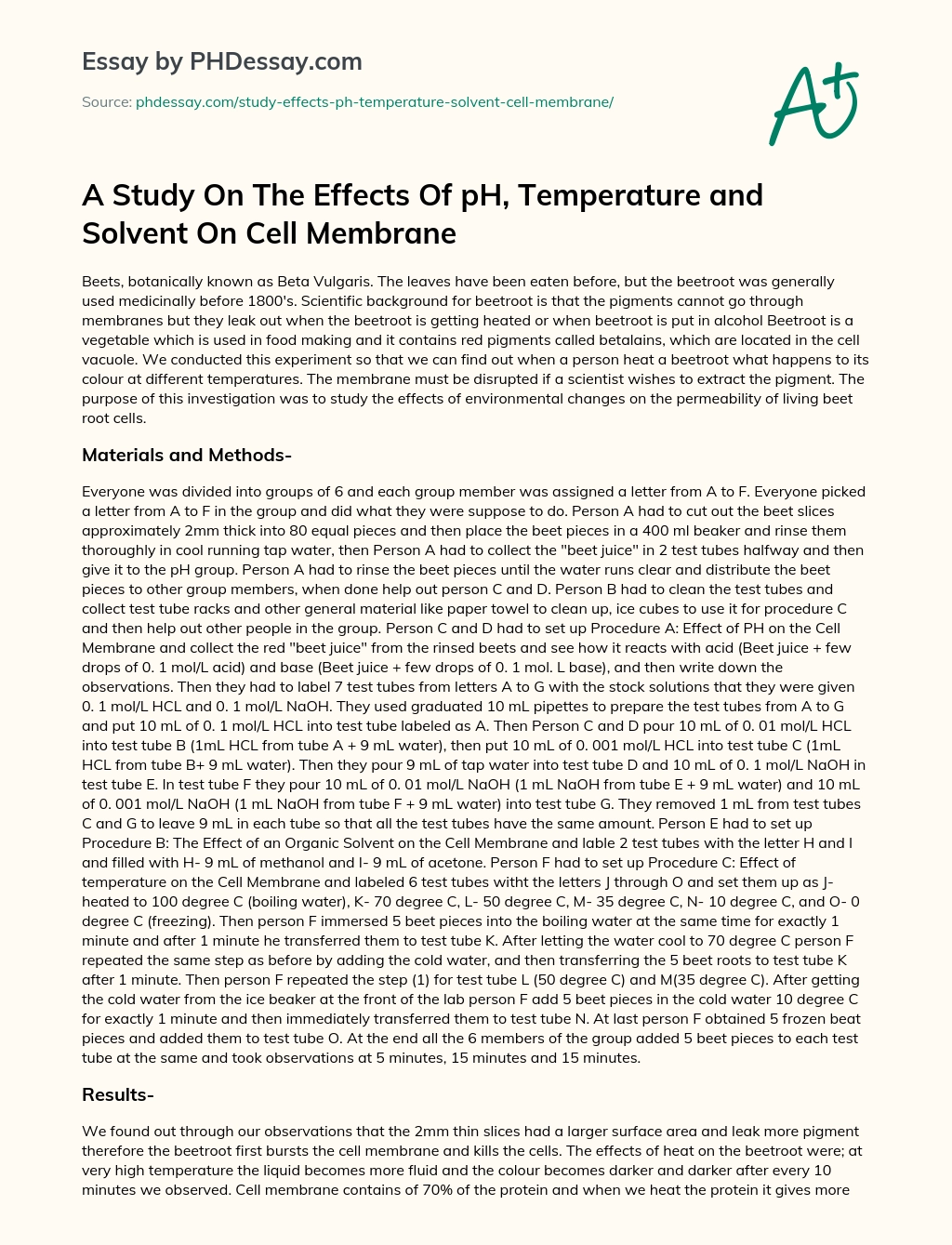 A Study On The Effects Of pH, Temperature and Solvent On Cell Membrane essay