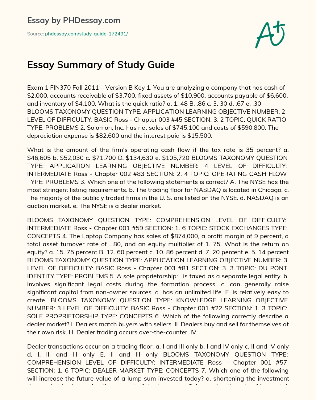 Essay Summary of Study Guide essay