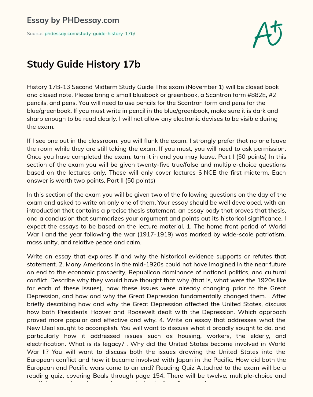 Study Guide History 17b essay