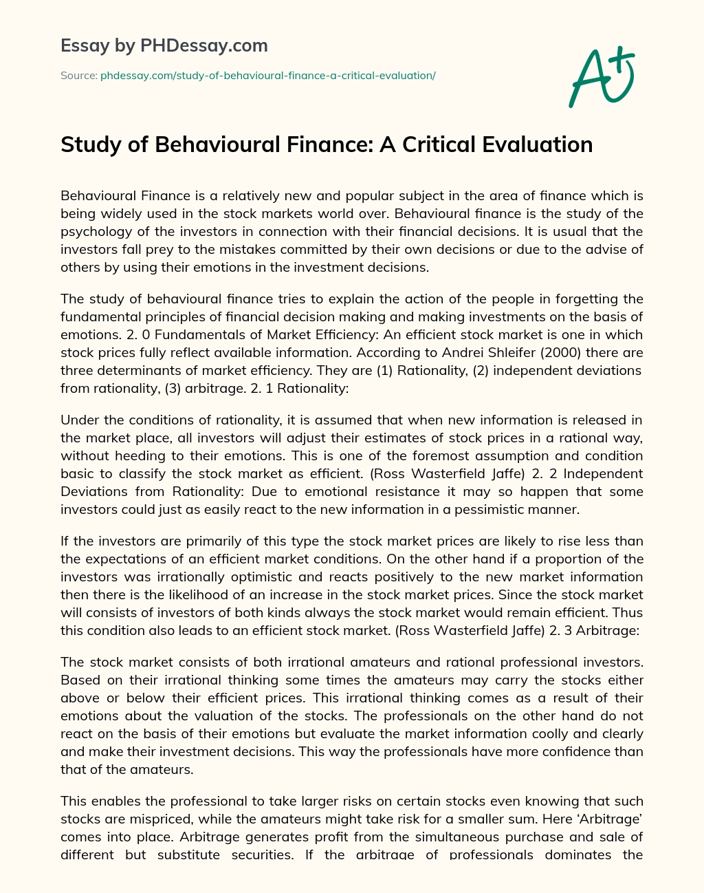 Study of Behavioural Finance: A Critical Evaluation essay