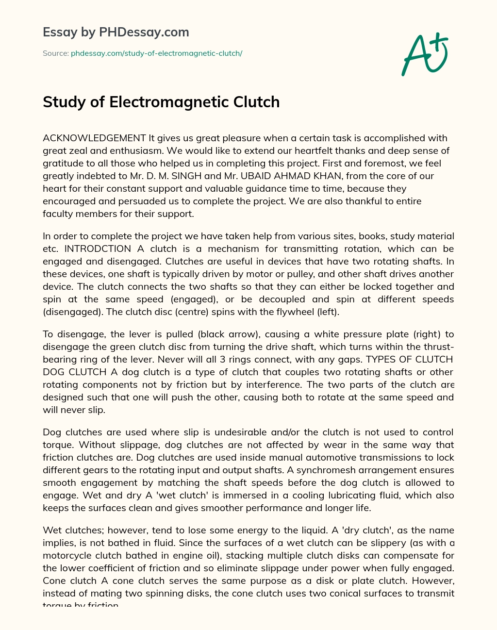 Study of Electromagnetic Clutch essay