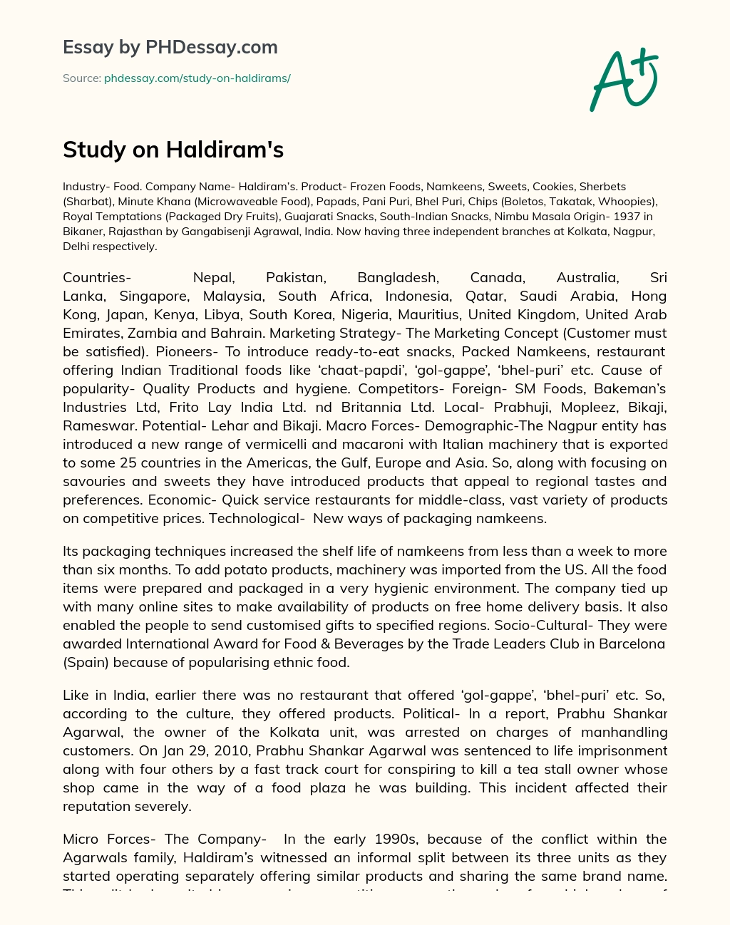 Study on Haldiram’s essay