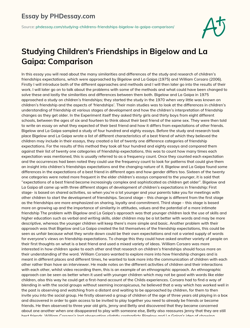 Studying Children’s Friendships in Bigelow and La Gaipa: Comparison essay