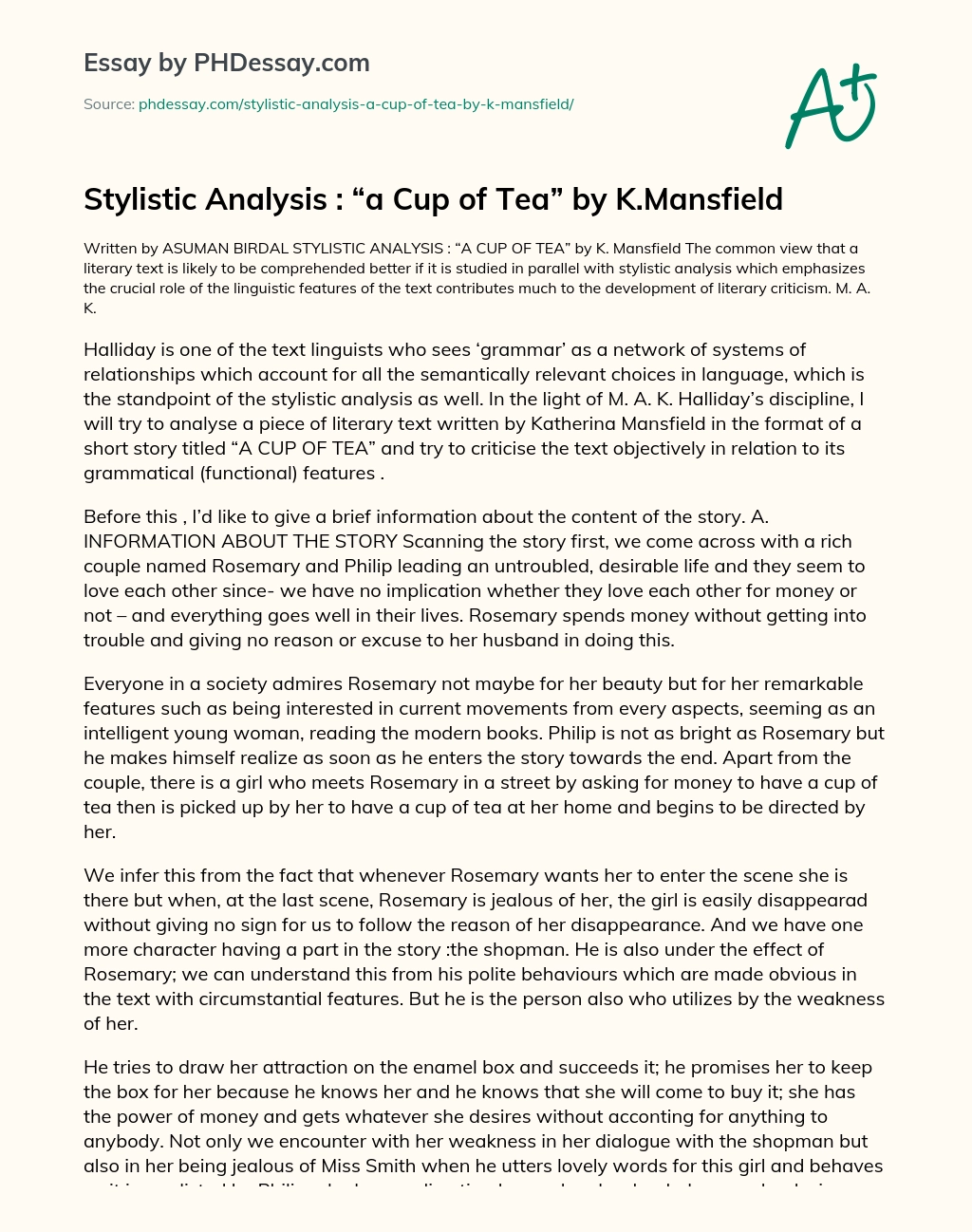 Stylistic Analysis : “a Cup of Tea” by K.Mansfield essay