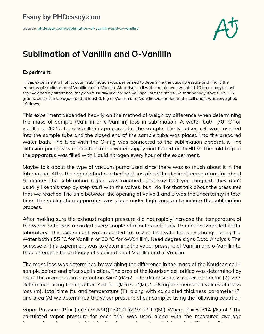 Sublimation of Vanillin and O-Vanillin essay