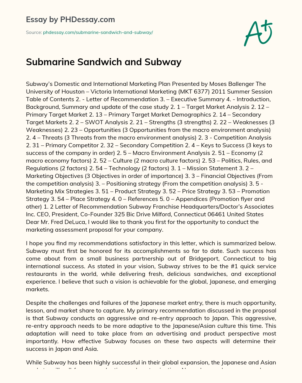 Submarine Sandwich and Subway essay