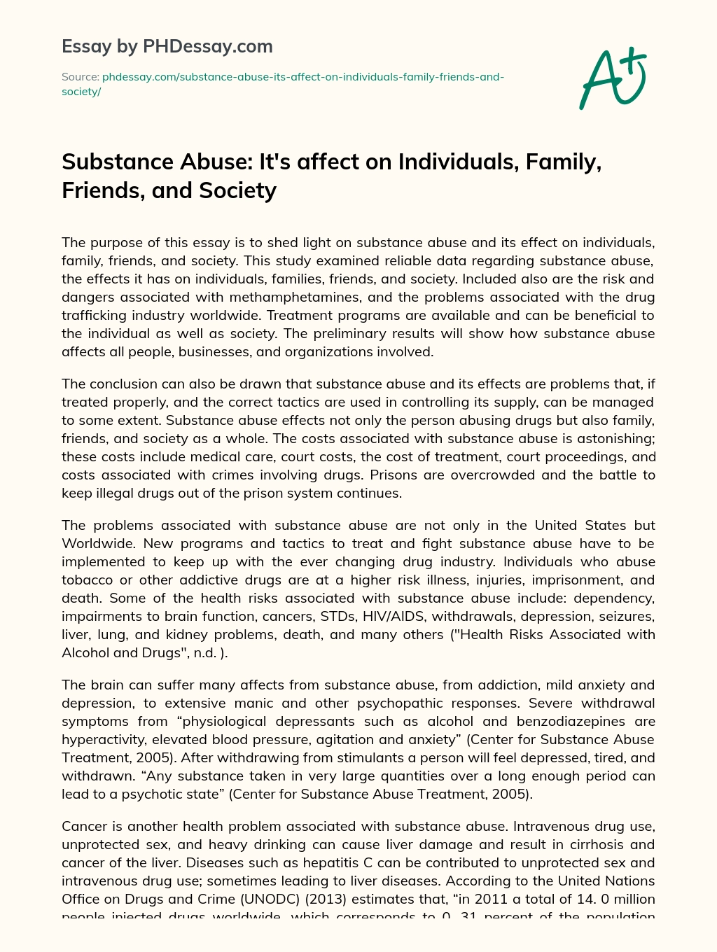 Substance Abuse: It’s affect on Individuals, Family, Friends, and Society essay