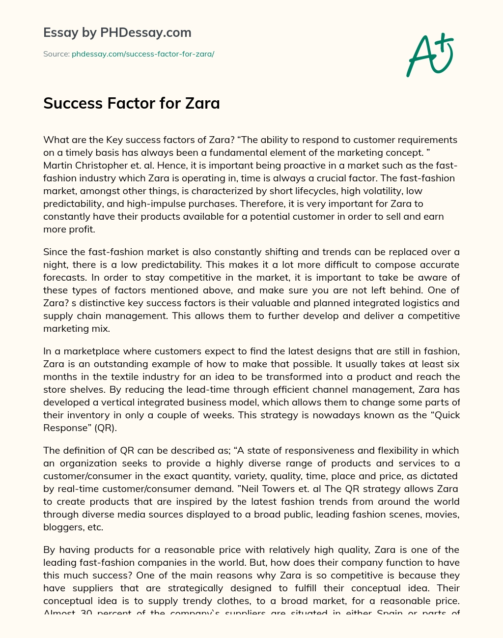 Success Factor for Zara essay
