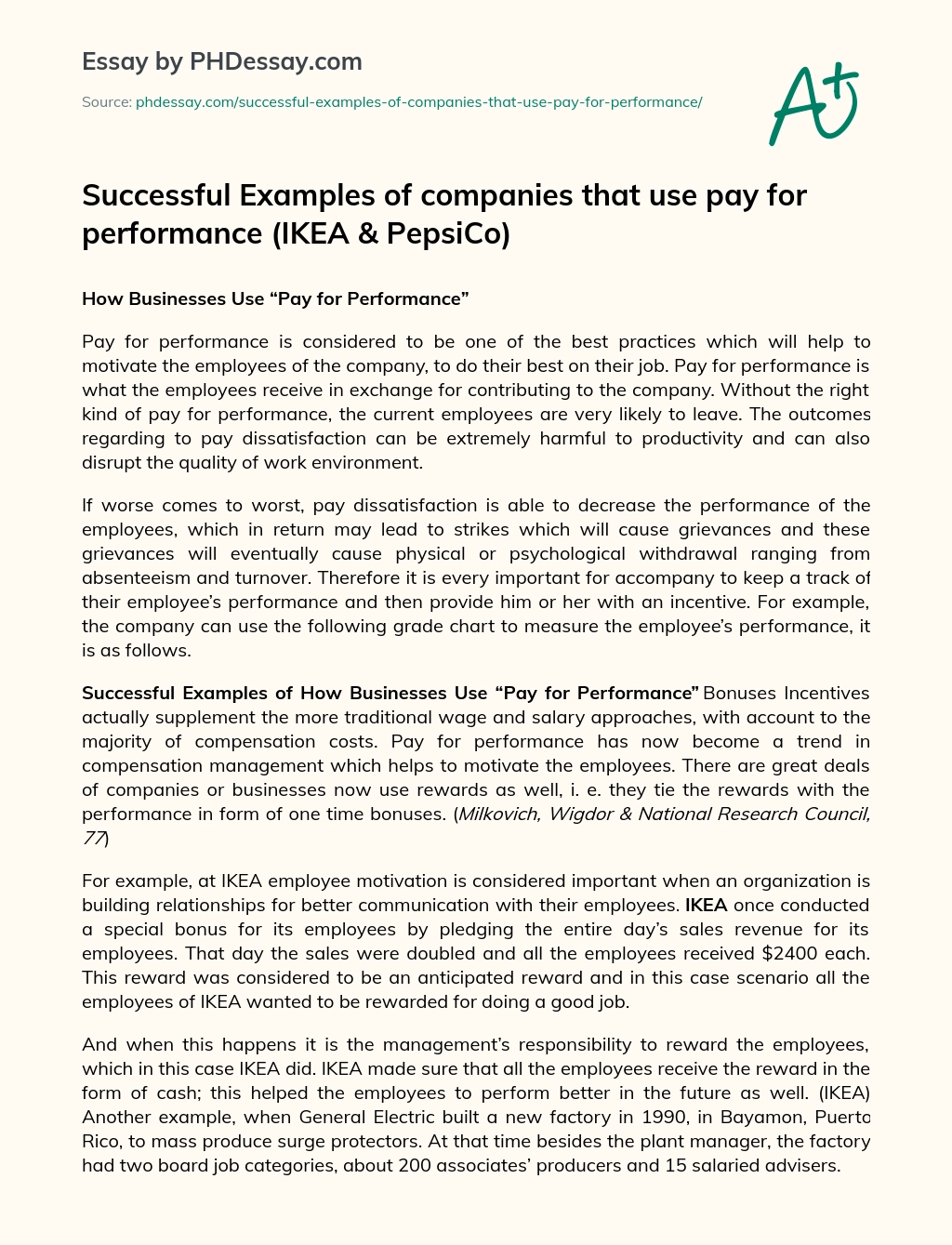 Successful Examples of companies that use pay for performance (IKEA & PepsiCo) essay