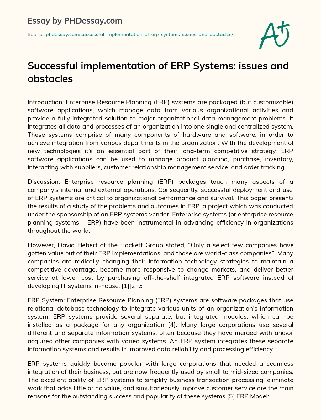 Successful implementation of ERP Systems: issues and obstacles essay