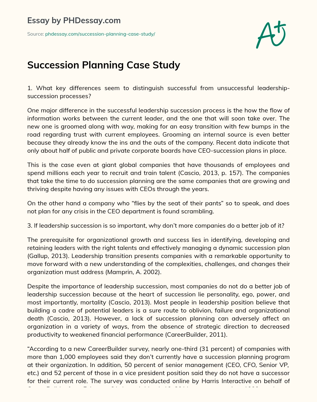 Succession Planning Case Study essay