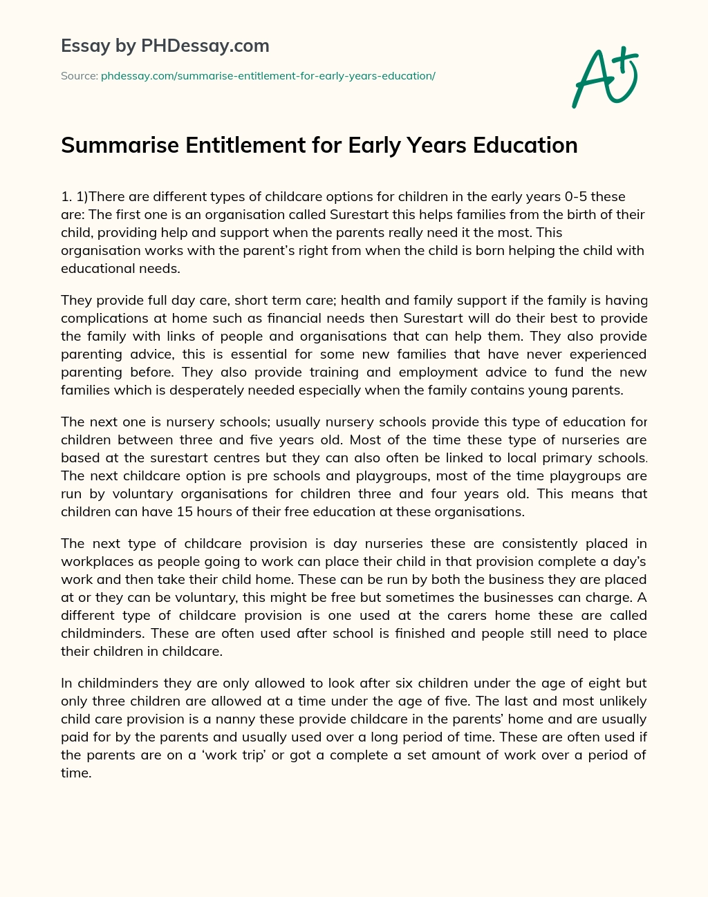 Summarise Entitlement for Early Years Education essay