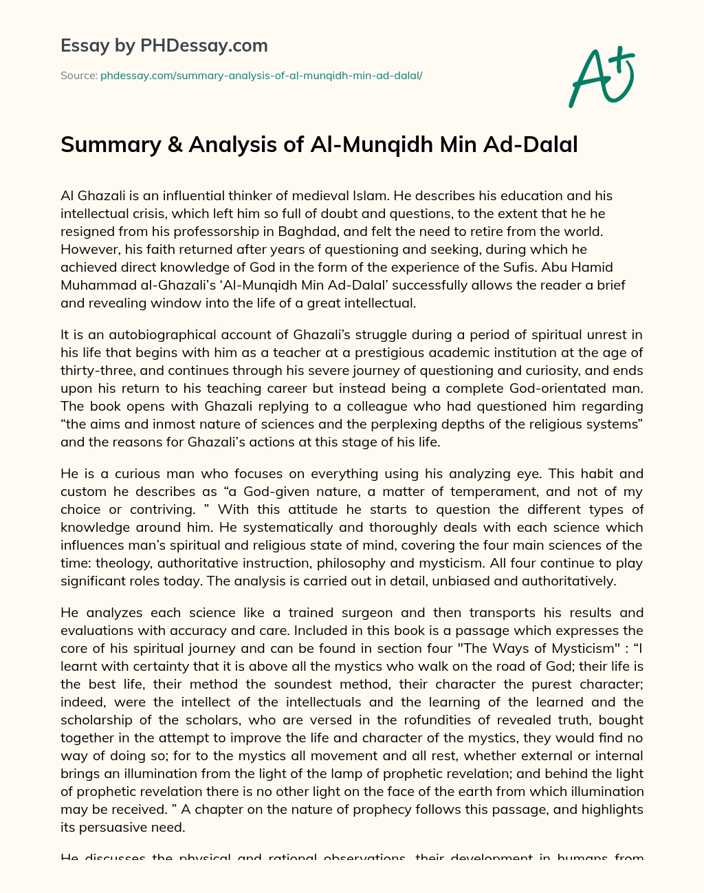 Summary & Analysis of Al-Munqidh Min Ad-Dalal essay