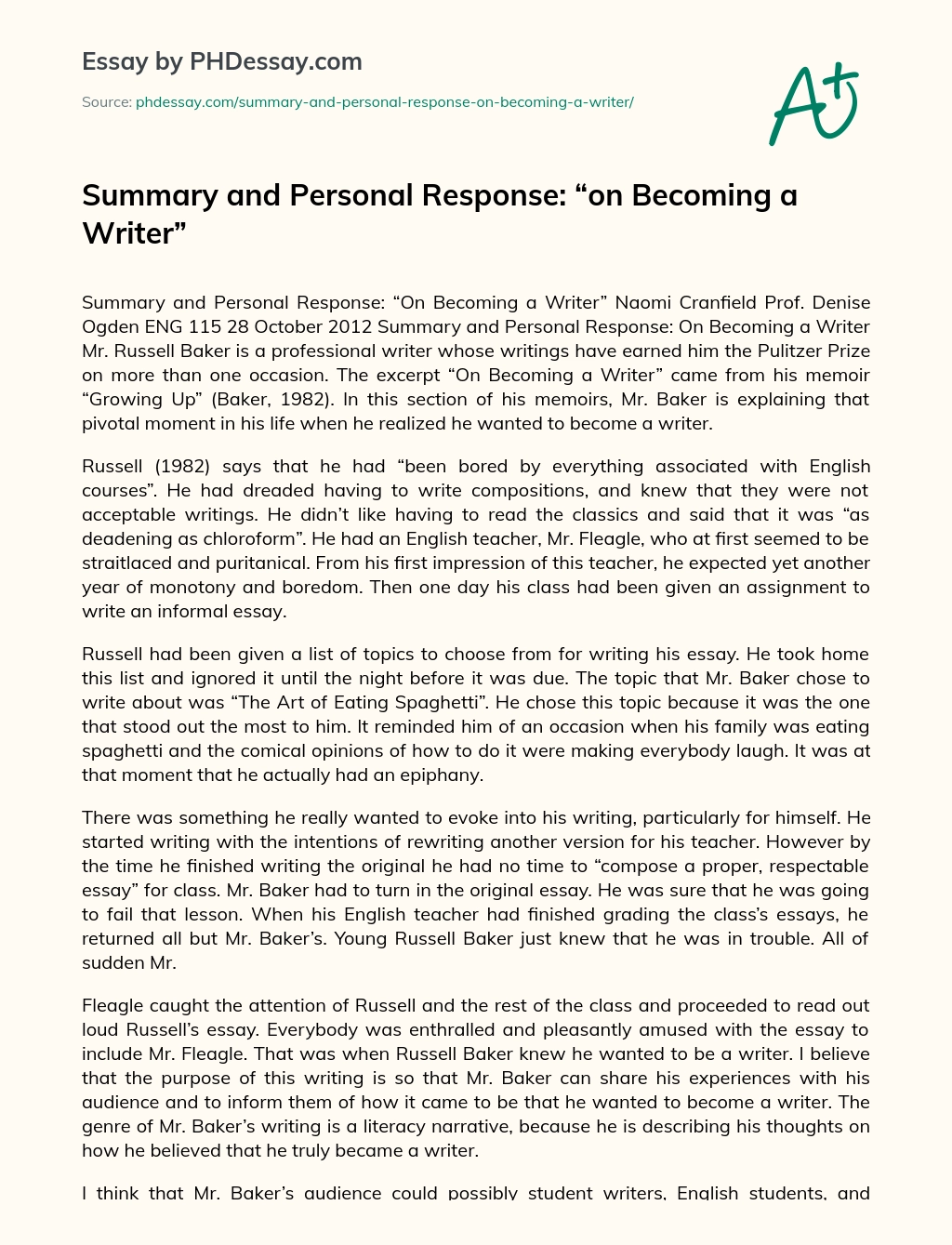 Summary and Personal Response: “on Becoming a Writer” essay