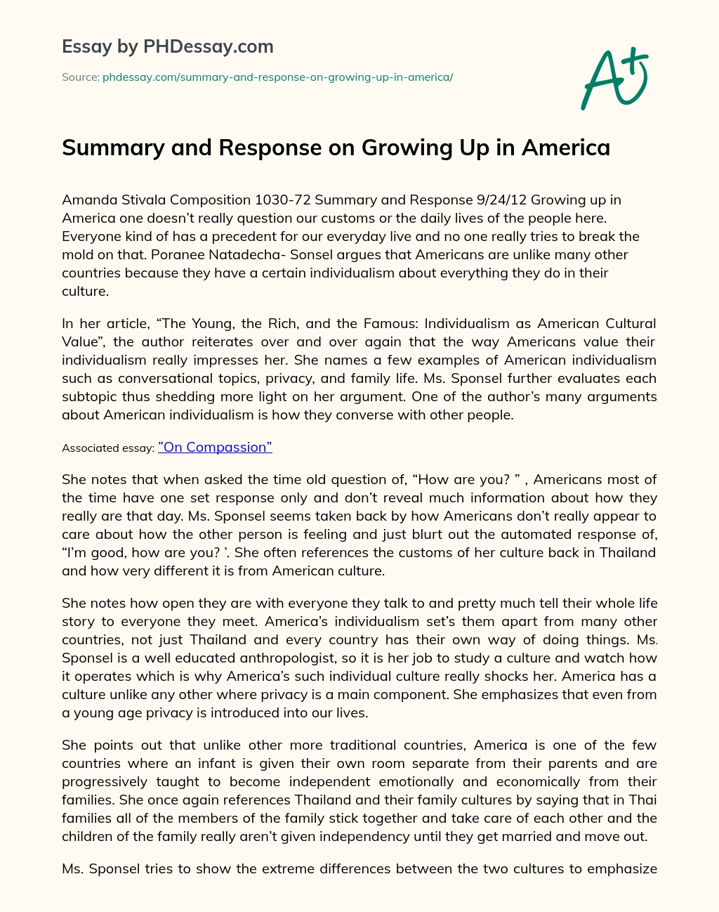 Summary and Response on Growing Up in America essay