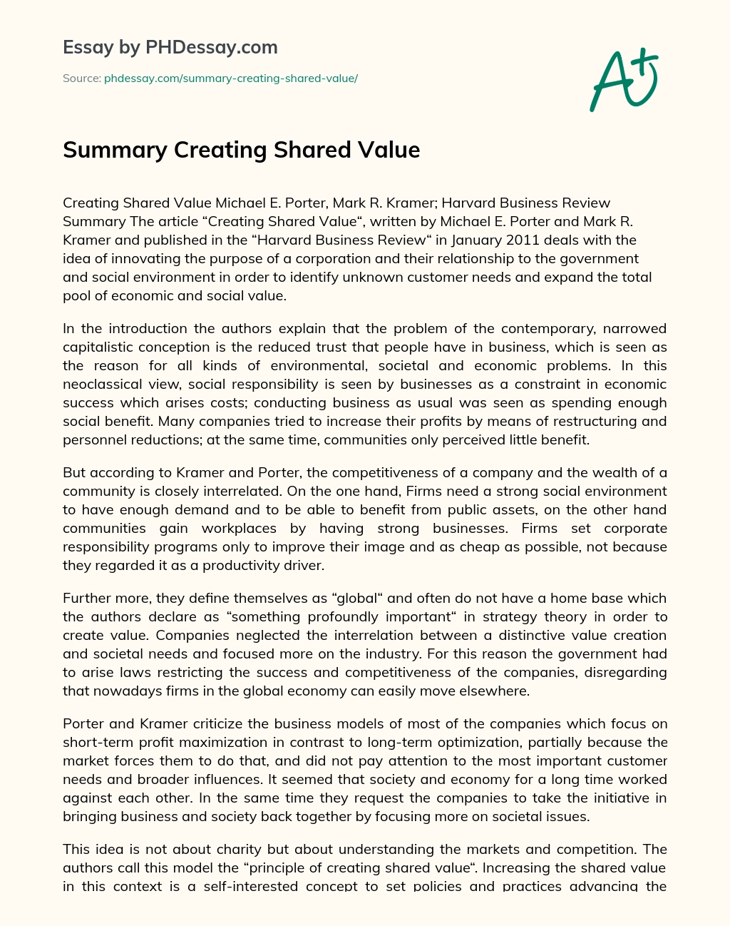 Summary Creating Shared Value essay