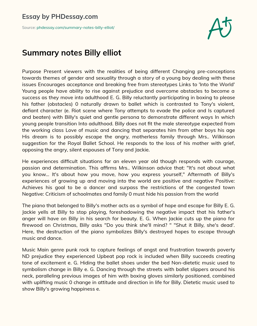 Summary notes Billy elliot essay