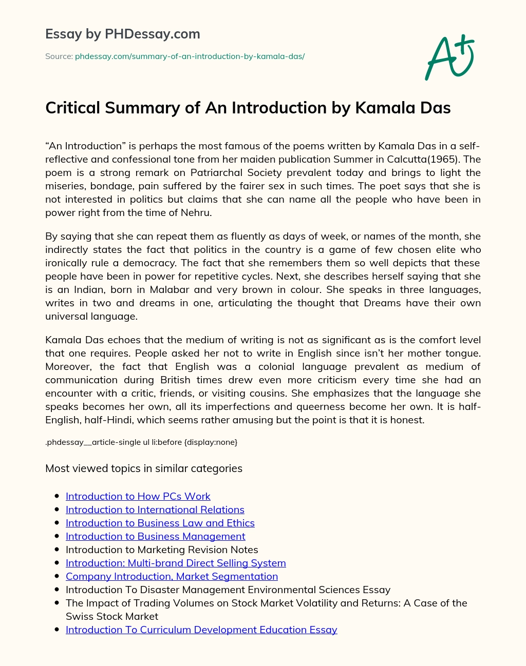Critical Summary of An Introduction by Kamala Das essay
