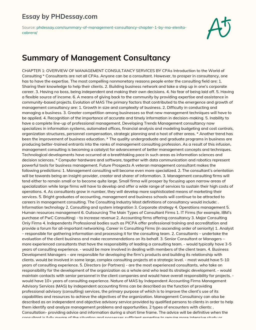 Summary of Management Consultancy essay