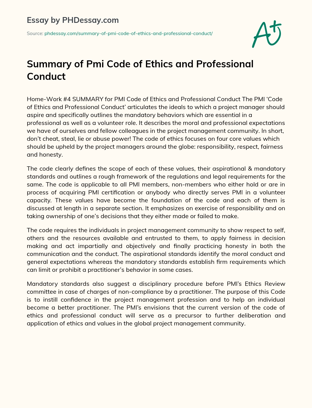 Summary of Pmi Code of Ethics and Professional Conduct essay