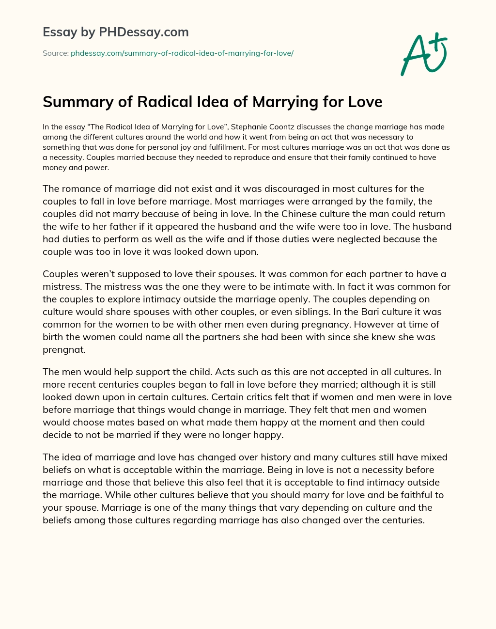 Summary of Radical Idea of Marrying for Love essay