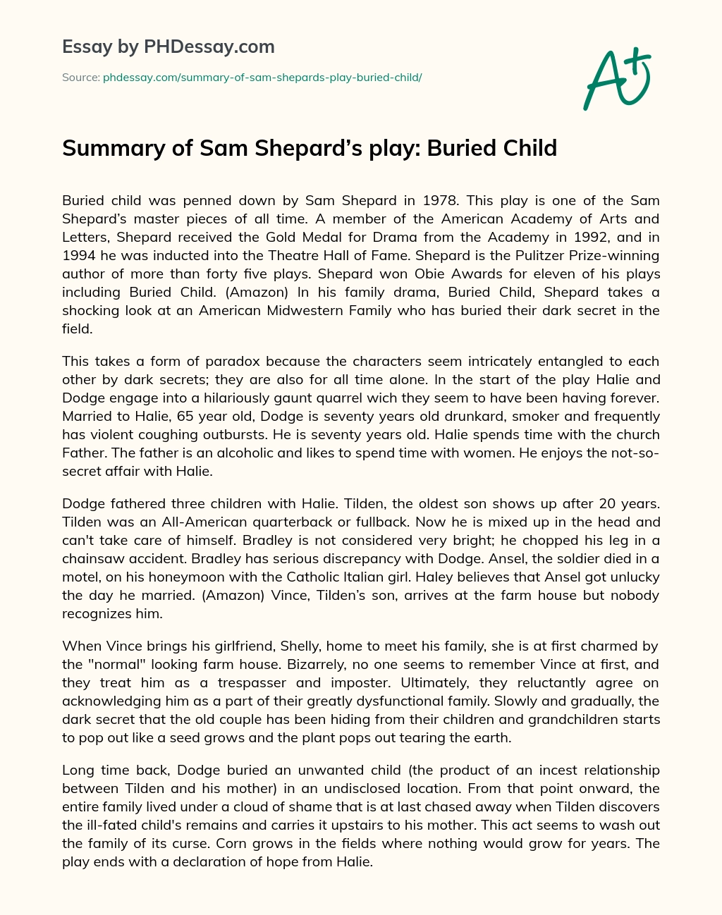 Summary of Sam Shepard’s play: Buried Child essay