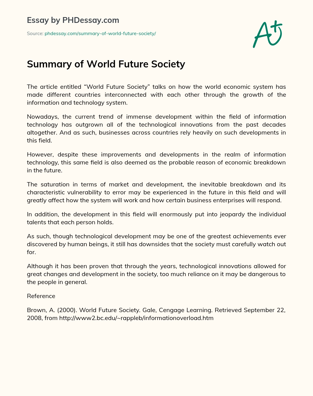 Summary of World Future Society essay