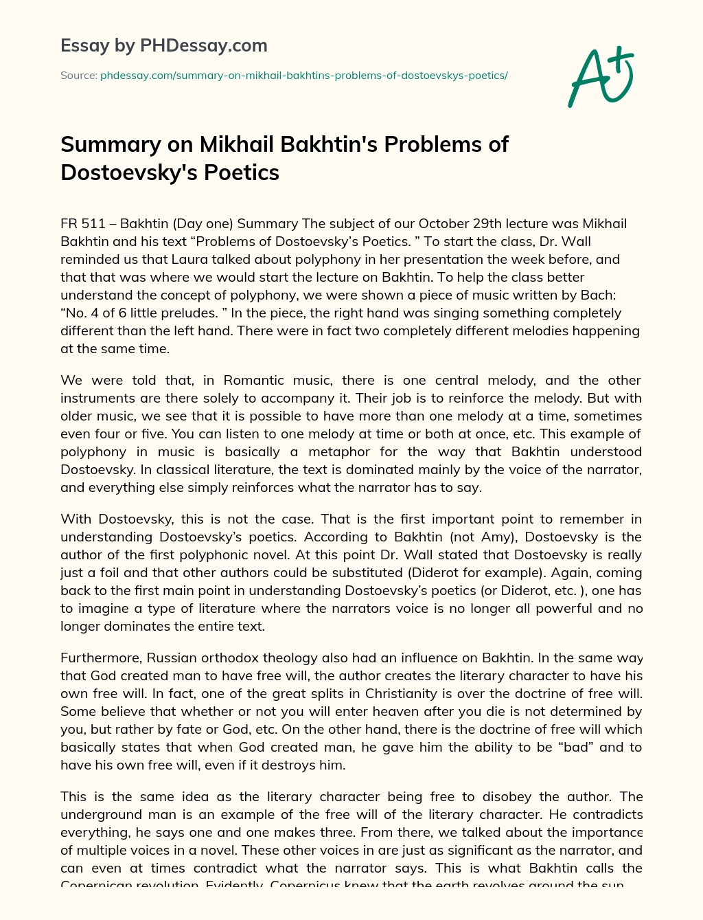 Summary on Mikhail Bakhtin’s Problems of Dostoevsky’s Poetics essay
