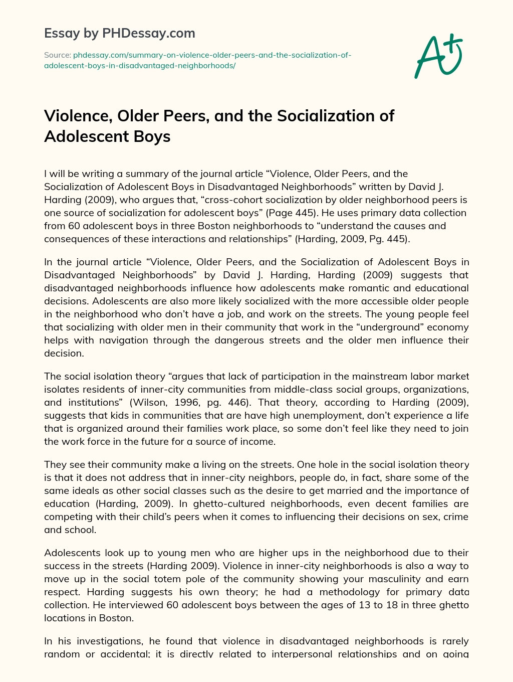 Violence, Older Peers, and the Socialization of Adolescent Boys essay
