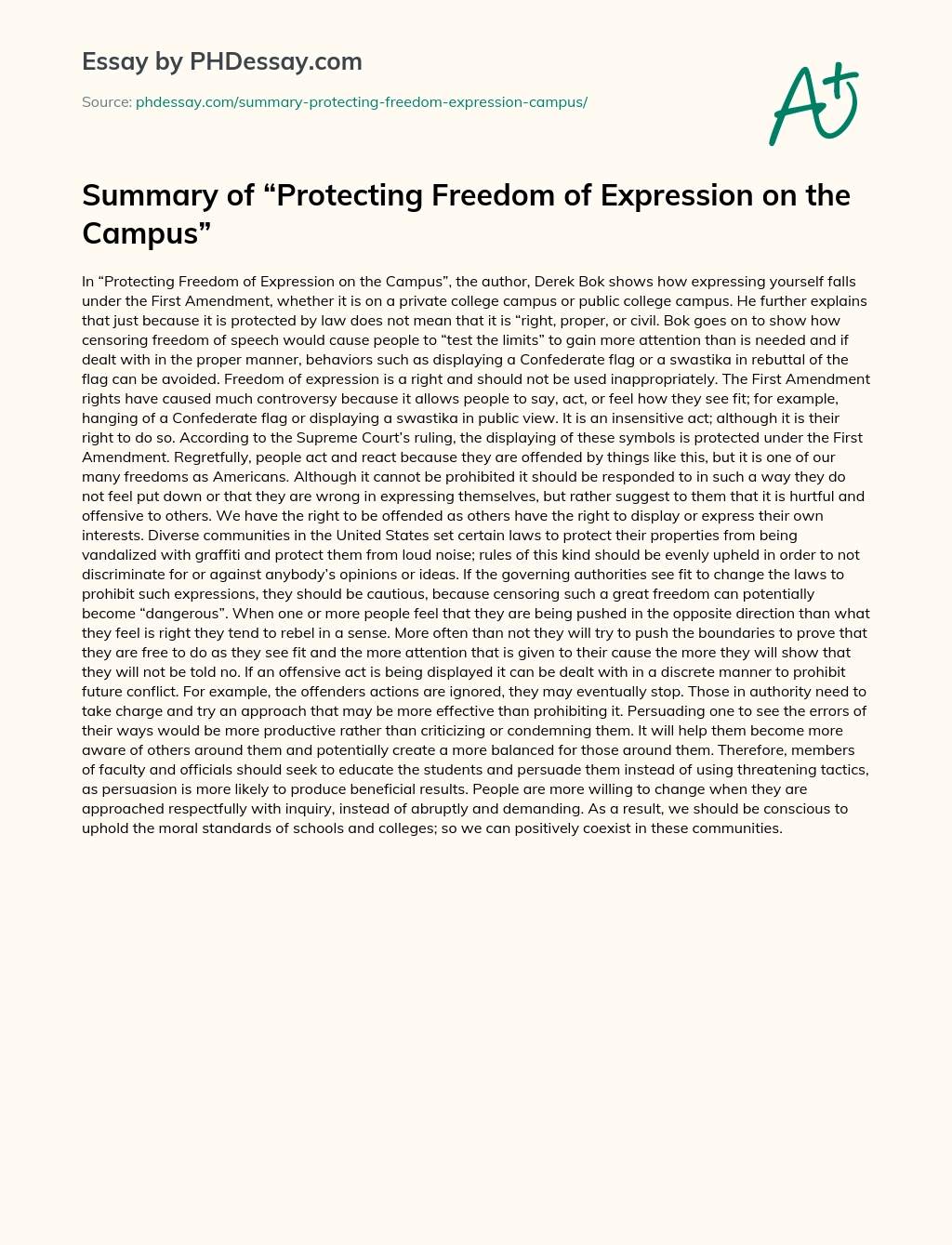 Summary of “Protecting Freedom of Expression on the Campus” essay