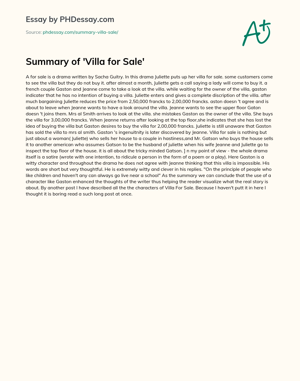 Summary of ‘Villa for Sale’ essay