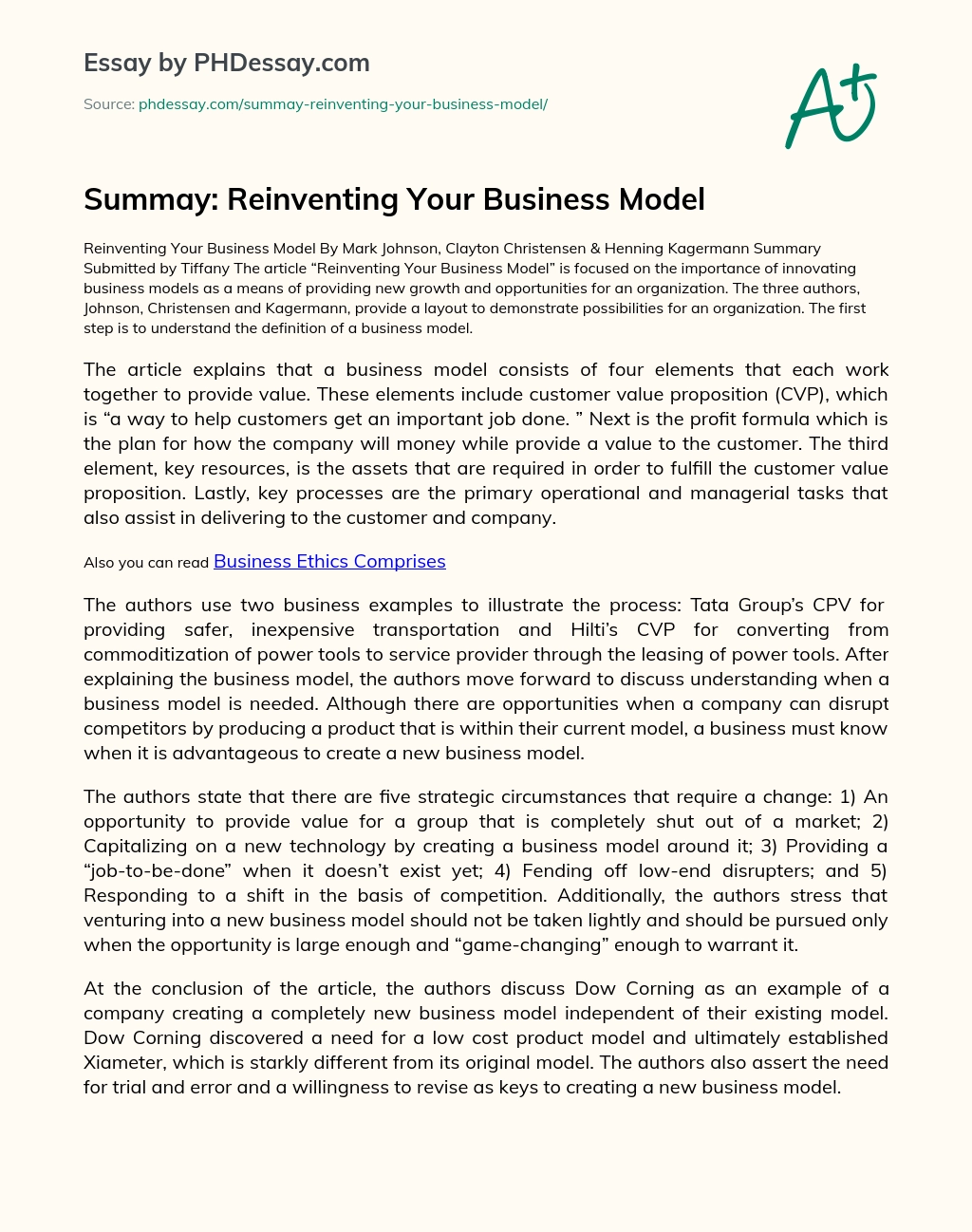 Summay: Reinventing Your Business Model essay
