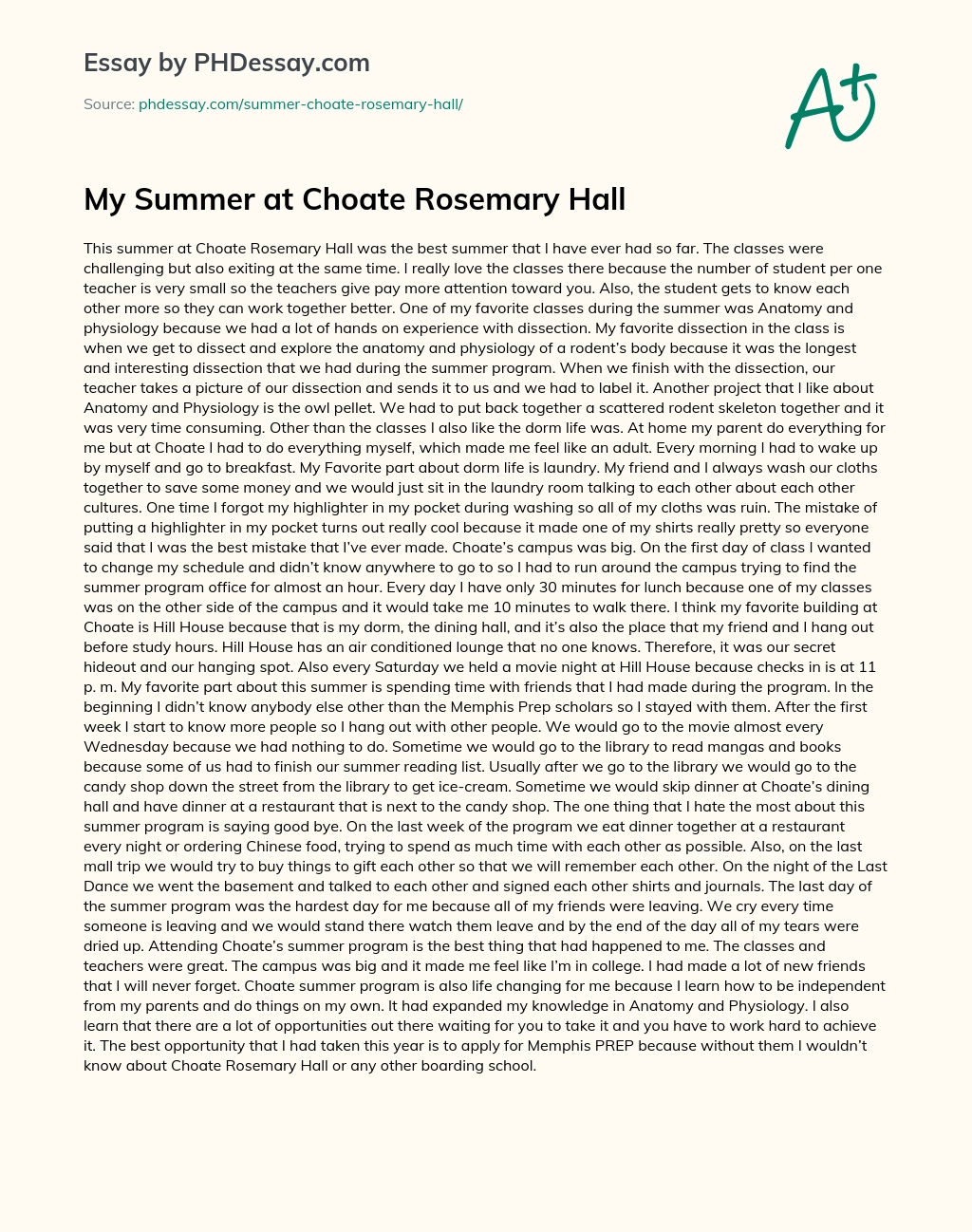My Summer at Choate Rosemary Hall essay
