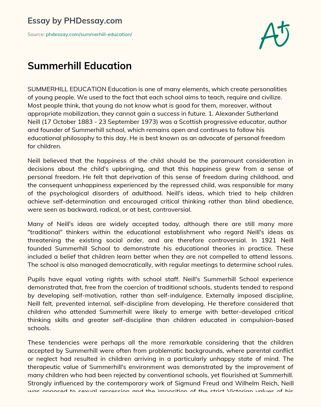 Education at Summerhill essay