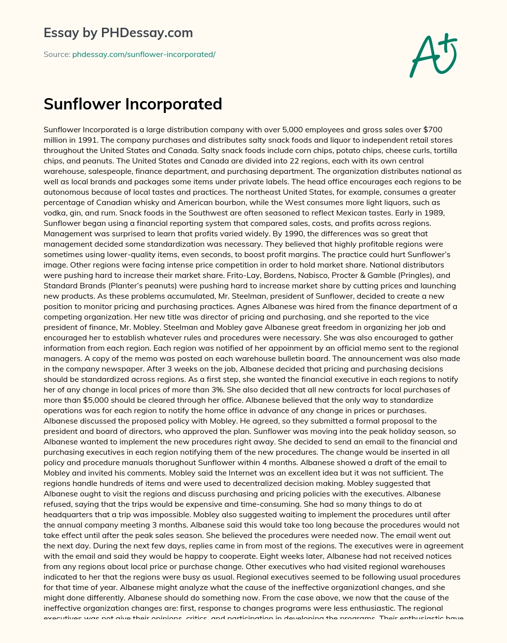 Sunflower Incorporated essay