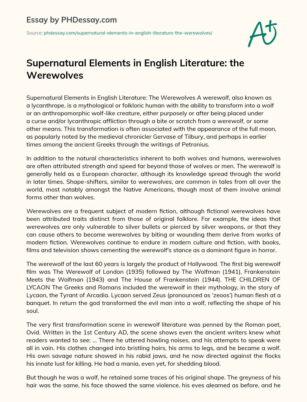 Supernatural Elements in English Literature: the Werewolves essay