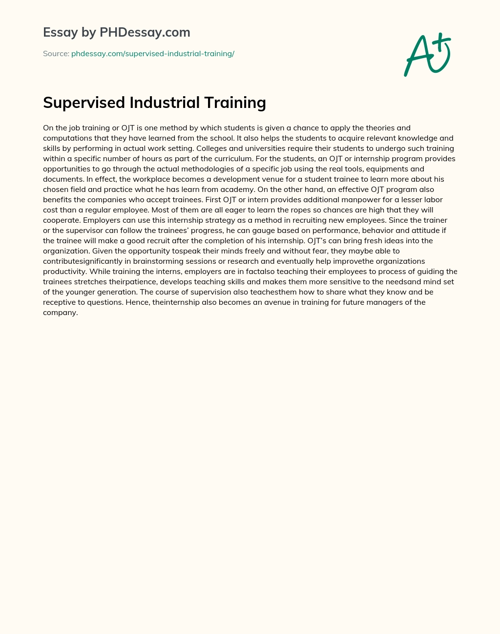 Supervised Industrial Training essay