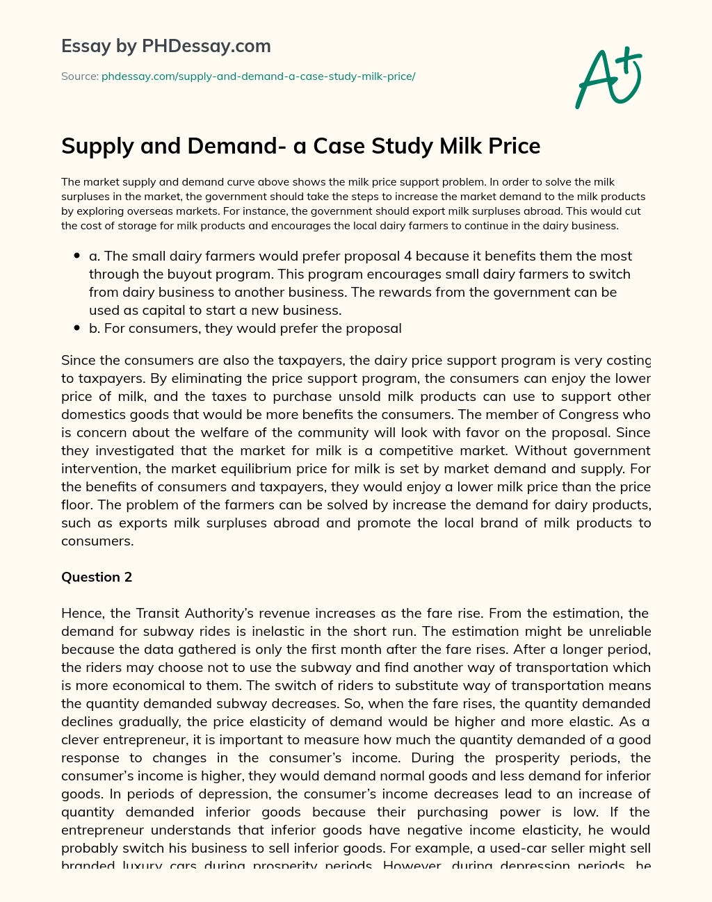 Supply and Demand- a Case Study Milk Price essay