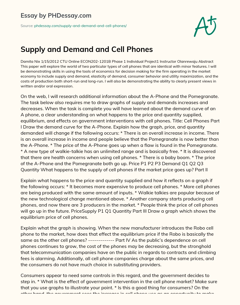 Supply and Demand and Cell Phones essay
