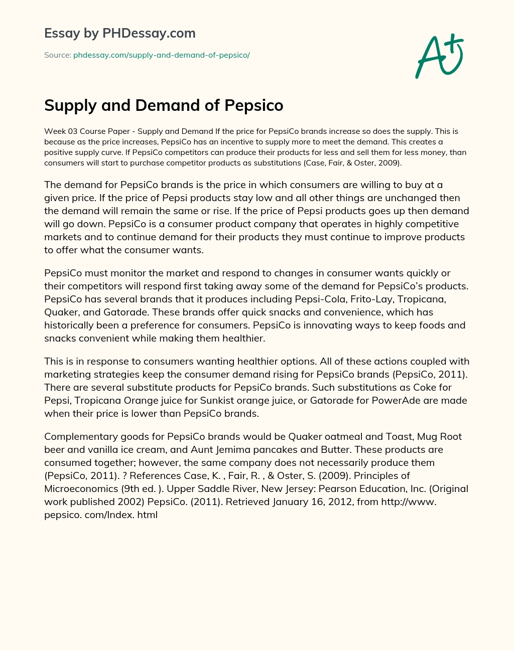 Supply and Demand of Pepsico essay
