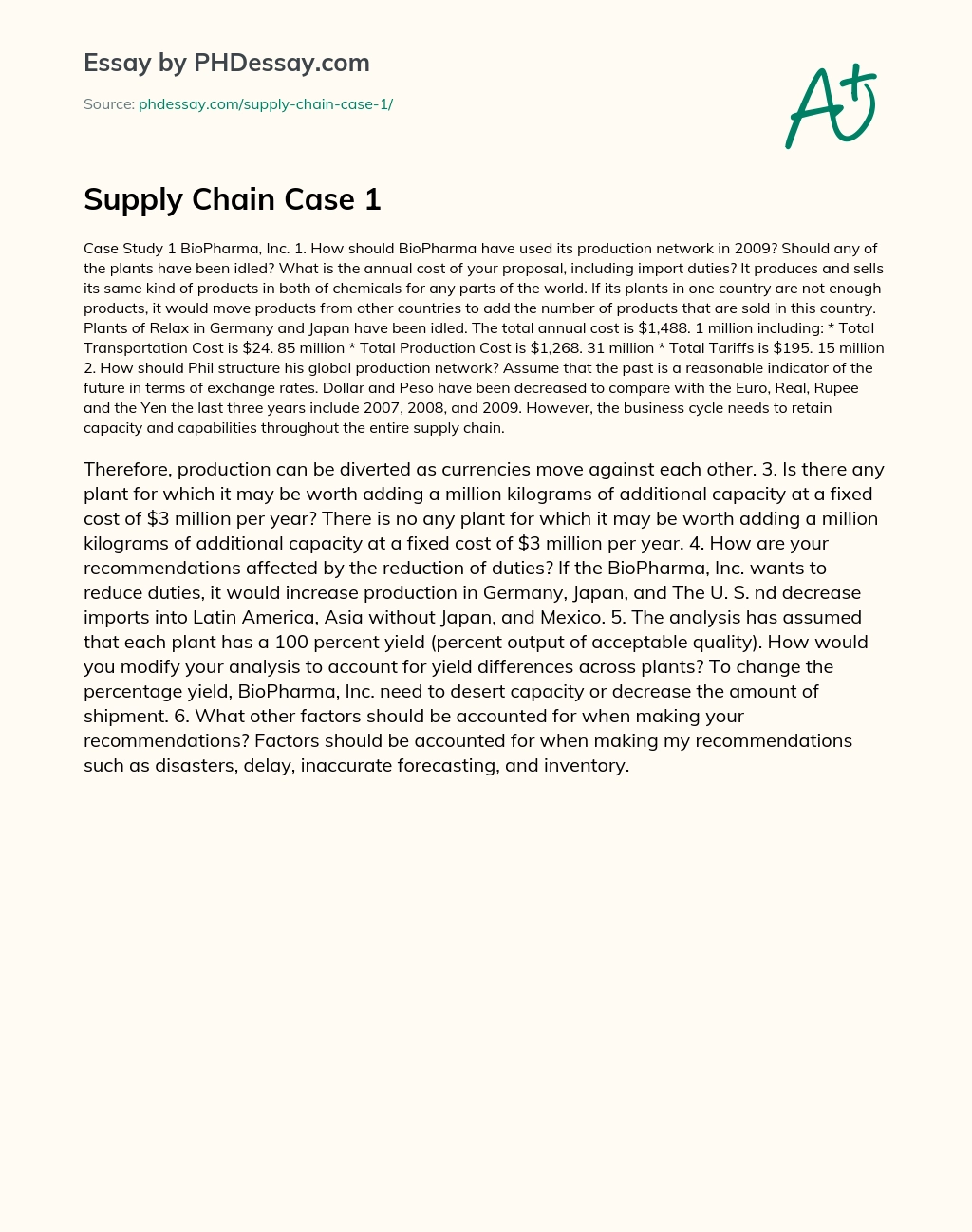 Supply Chain Case 1 essay