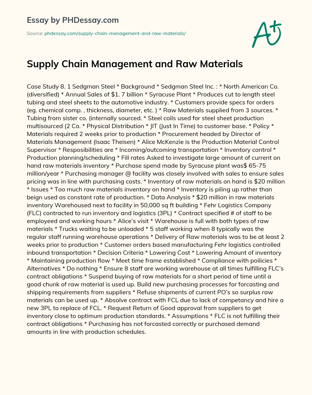 Supply Chain Management and Raw Materials essay