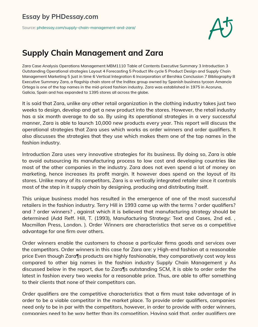 Zara’s Supply Chain Management Model essay