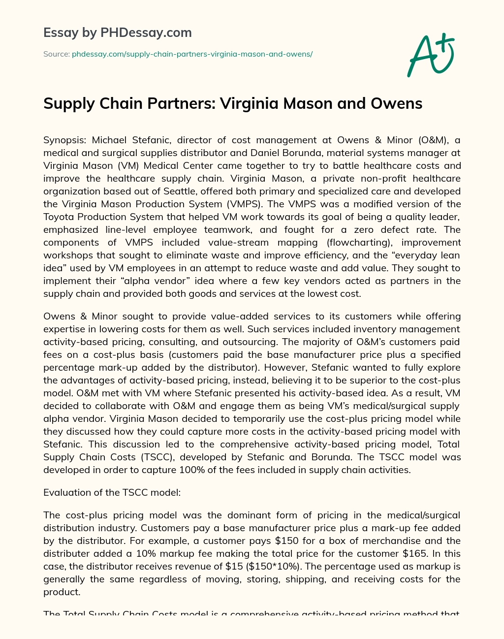Supply Chain Partners: Virginia Mason and Owens essay